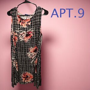 Apt. 9 Women's Sleeveless Black & White Checked Dress Floral Accents Size Large